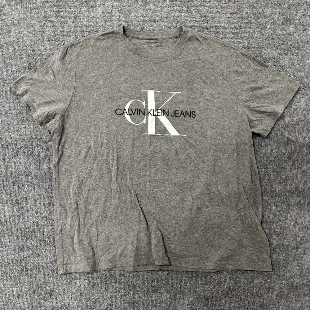 Calvin Klein Jeans T-Shirt Mens Size XL Grey Logo Graphic Short Sleeve Crew Neck
